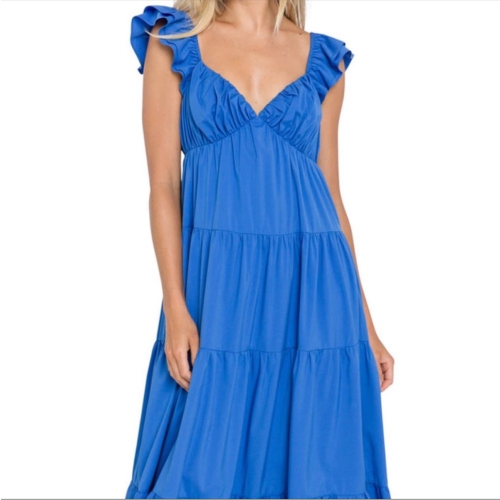 Tuckernuck English Factory Ruffle Sleeve Maxi Dress in Blue NWT Size Large